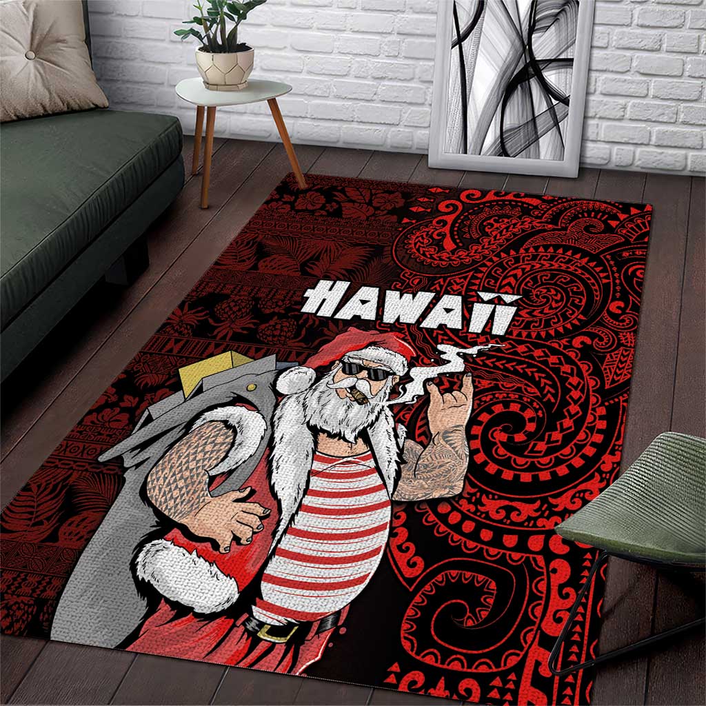 Hawaii Aloha Santa Claus Funny Polynesian Tattoo Area Rug Red Color