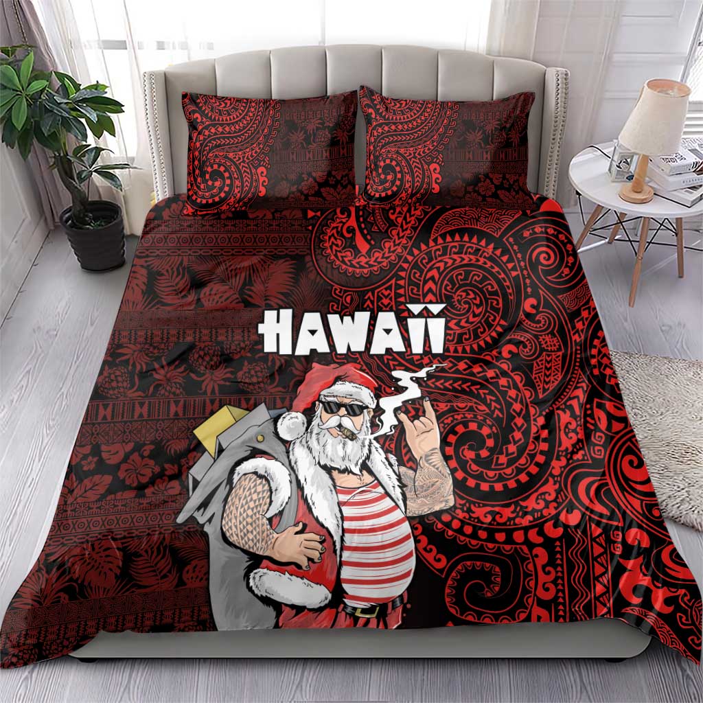 Hawaii Aloha Santa Claus Funny Polynesian Tattoo Bedding Set Red Color LT03 - Polynesian Pride