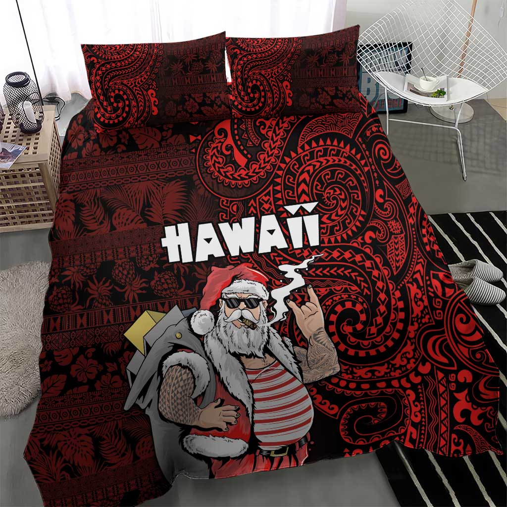 Hawaii Aloha Santa Claus Funny Polynesian Tattoo Bedding Set Red Color LT03 - Polynesian Pride