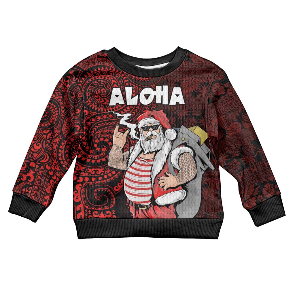 Hawaii Aloha Santa Claus Funny Polynesian Tattoo Kid Ugly Christmas Sweater Red Color LT03 Kid Red - Polynesian Pride