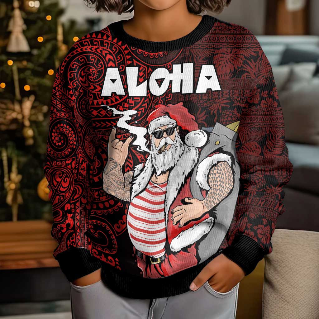 Hawaii Aloha Santa Claus Funny Polynesian Tattoo Kid Ugly Christmas Sweater Red Color LT03 - Polynesian Pride