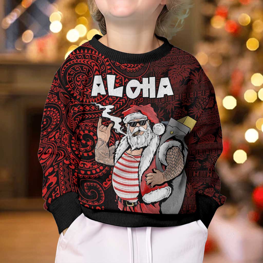 Hawaii Aloha Santa Claus Funny Polynesian Tattoo Kid Ugly Christmas Sweater Red Color LT03 - Polynesian Pride