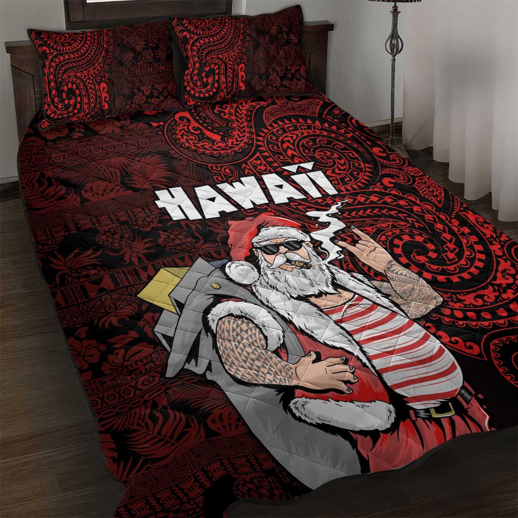 Hawaii Aloha Santa Claus Funny Polynesian Tattoo Quilt Bed Set Red Color LT03 Red - Polynesian Pride