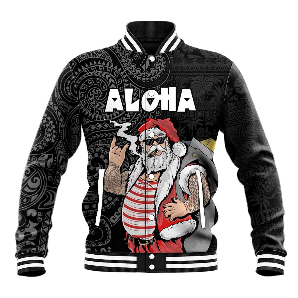 Hawaii Aloha Santa Claus Funny Polynesian Tattoo Baseball Jacket Black Color LT03 Unisex Black - Polynesian Pride