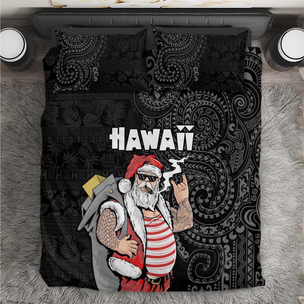 Hawaii Aloha Santa Claus Funny Polynesian Tattoo Bedding Set Black Color