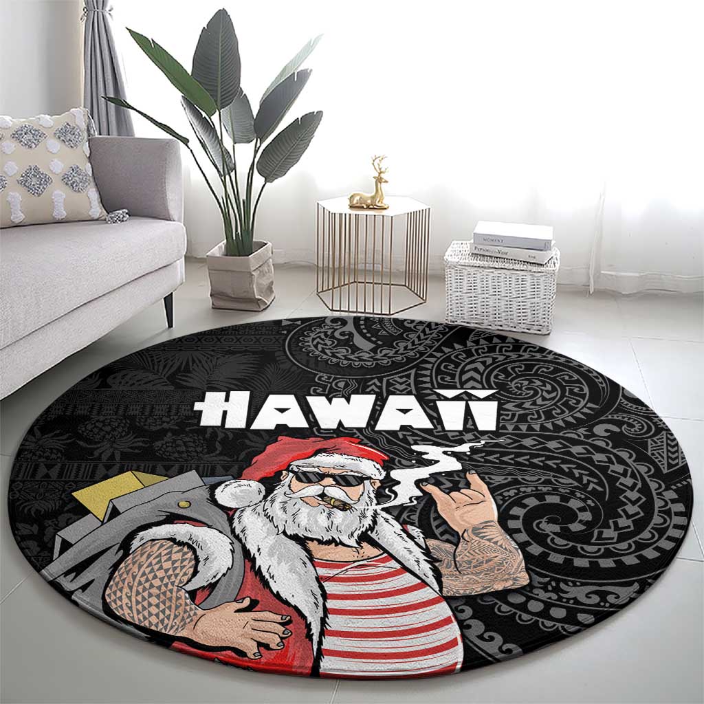 Hawaii Aloha Santa Claus Funny Polynesian Tattoo Round Carpet Black Color LT03 - Polynesian Pride