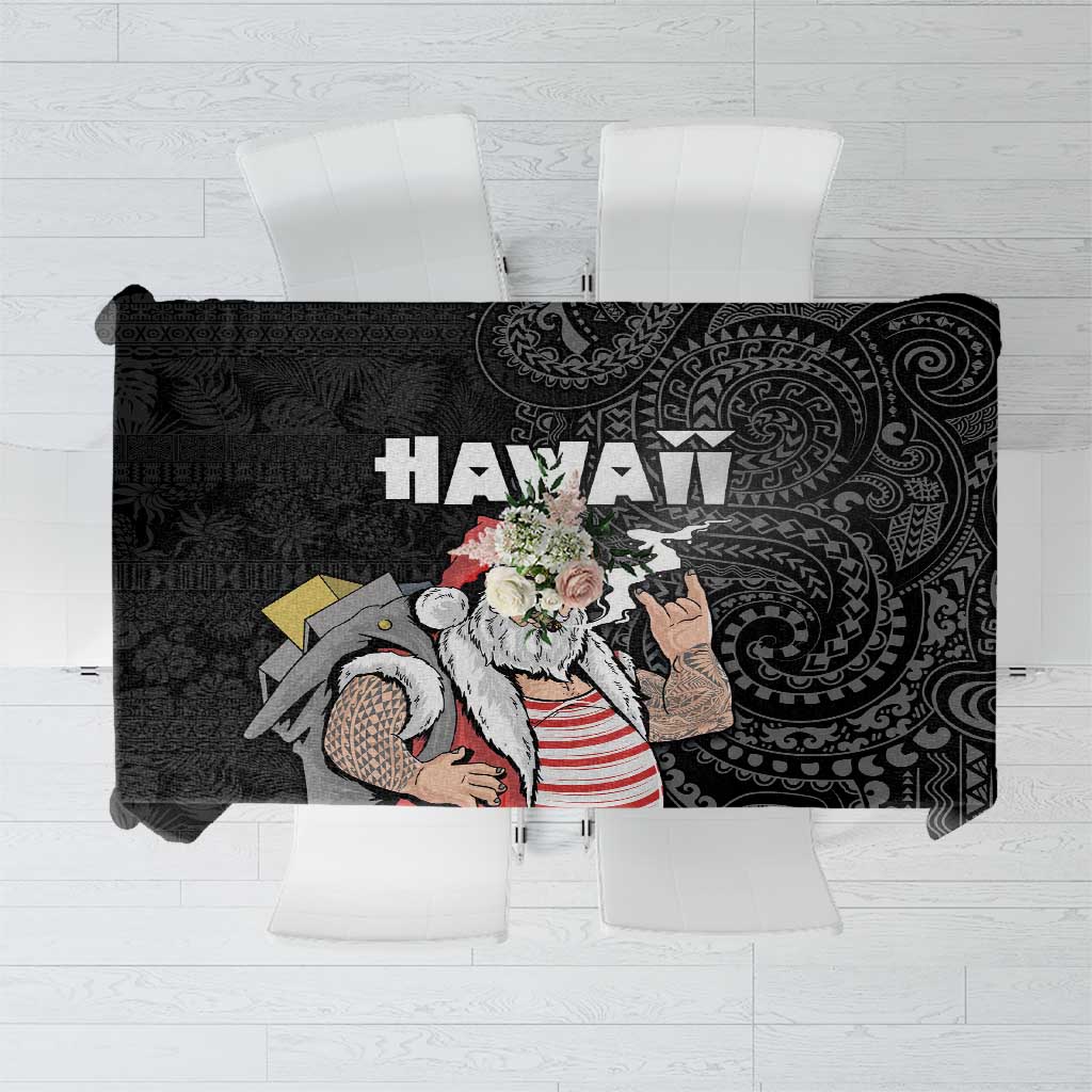 Hawaii Aloha Santa Claus Funny Polynesian Tattoo Tablecloth Black Color