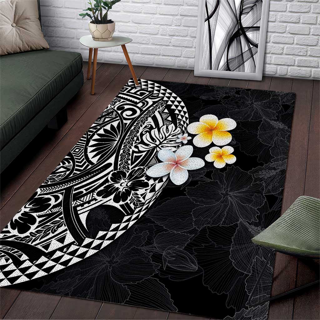 Hawaiian Hibiscus and Plumeria Polynesian Tribal Tattoo Area Rug Black Color