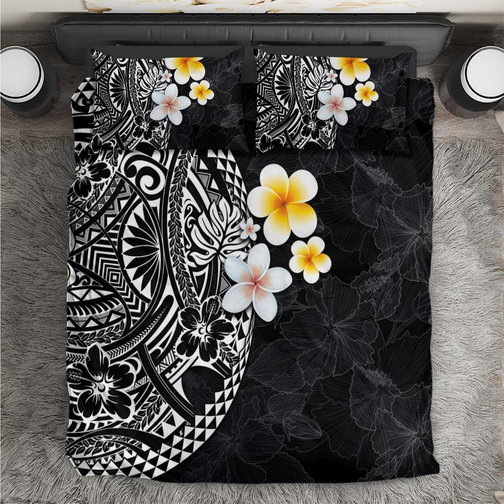 Hawaiian Hibiscus and Plumeria Polynesian Tribal Tattoo Bedding Set Black Color