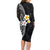 Hawaiian Hibiscus and Plumeria Polynesian Tribal Tattoo Family Matching Long Sleeve Bodycon Dress and Hawaiian Shirt Black Color