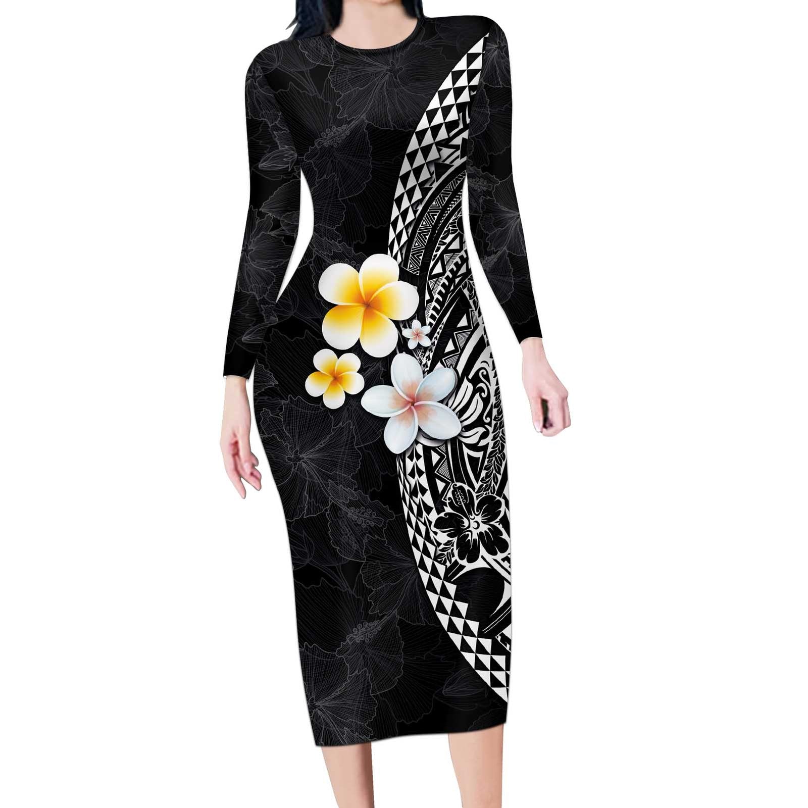 Hawaiian Hibiscus and Plumeria Polynesian Tribal Tattoo Long Sleeve Bodycon Dress Black Color LT03 Long Dress Black - Polynesian Pride