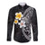 Hawaiian Hibiscus and Plumeria Polynesian Tribal Tattoo Long Sleeve Button Shirt Black Color