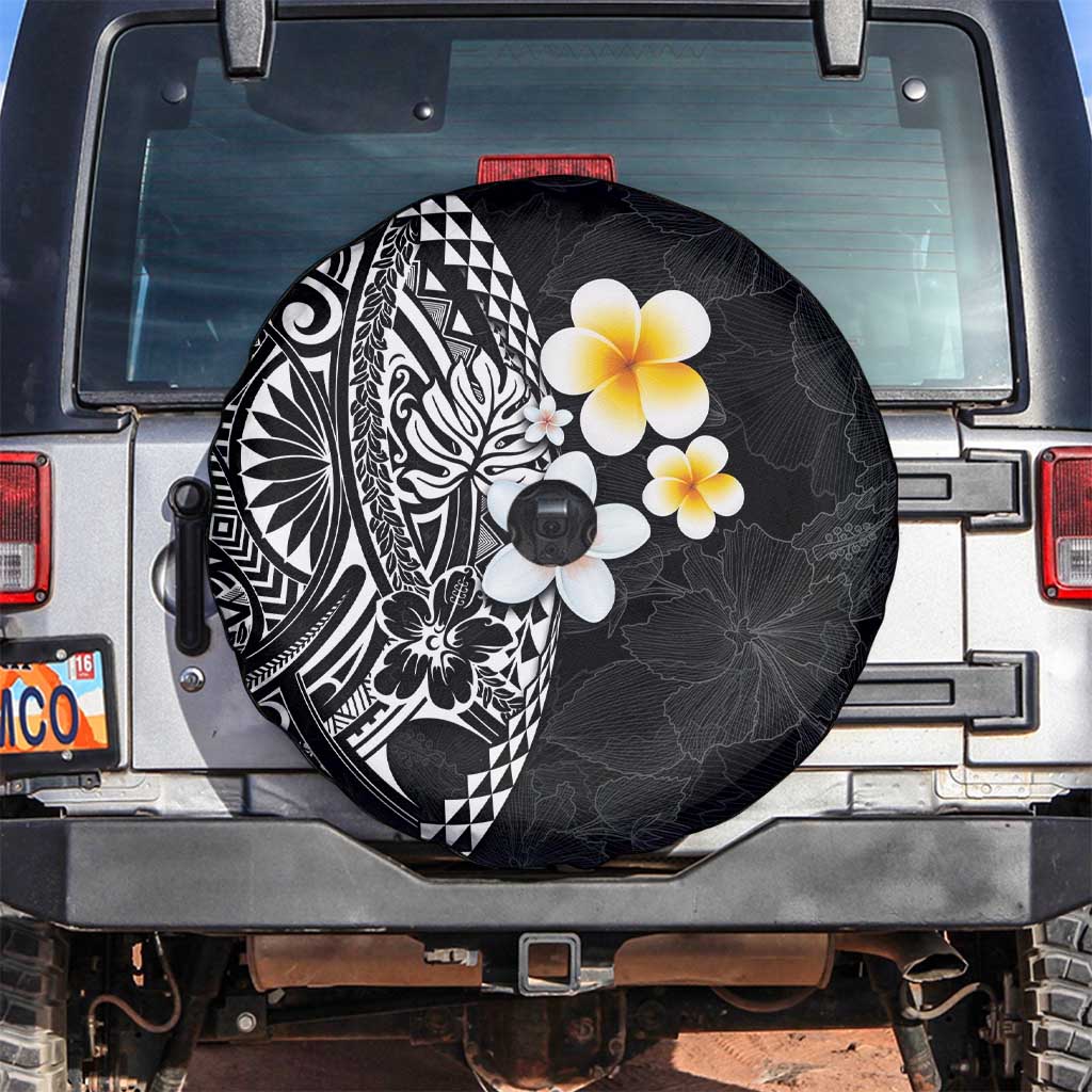 Hawaiian Hibiscus and Plumeria Polynesian Tribal Tattoo Spare Tire Cover Black Color