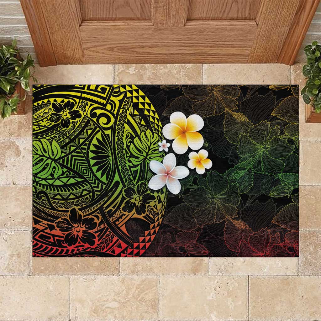 Hawaiian Hibiscus and Plumeria Polynesian Tribal Tattoo Rubber Doormat Reggae Color LT03 Reggae - Polynesian Pride