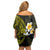 Hawaiian Hibiscus and Plumeria Polynesian Tribal Tattoo Family Matching Off Shoulder Short Dress and Hawaiian Shirt Yellow Color