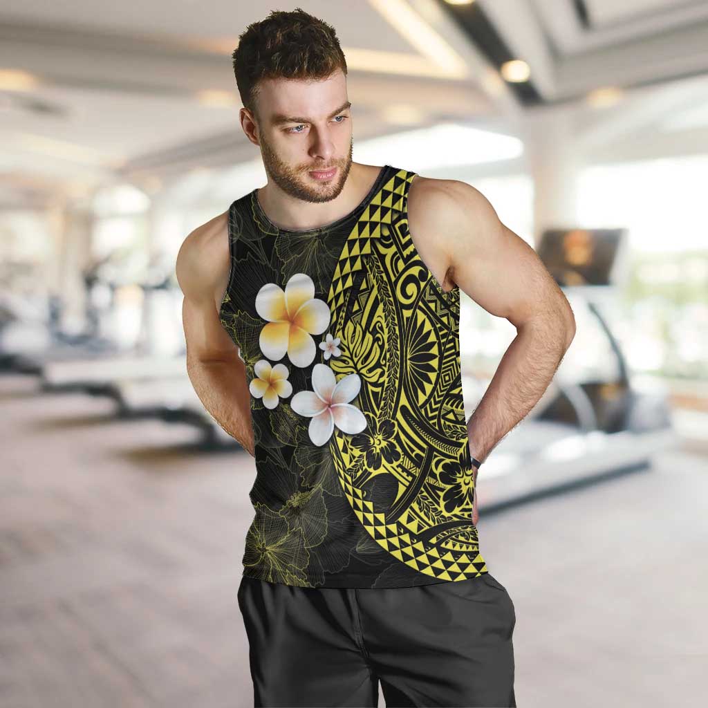 Hawaiian Hibiscus and Plumeria Polynesian Tribal Tattoo Men Tank Top Yellow Color LT03 Yellow - Polynesian Pride