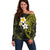 Hawaiian Hibiscus and Plumeria Polynesian Tribal Tattoo Off Shoulder Sweater Yellow Color