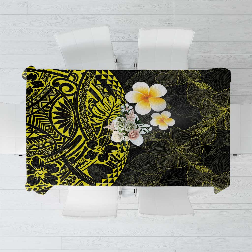 Hawaiian Hibiscus and Plumeria Polynesian Tribal Tattoo Tablecloth Yellow Color