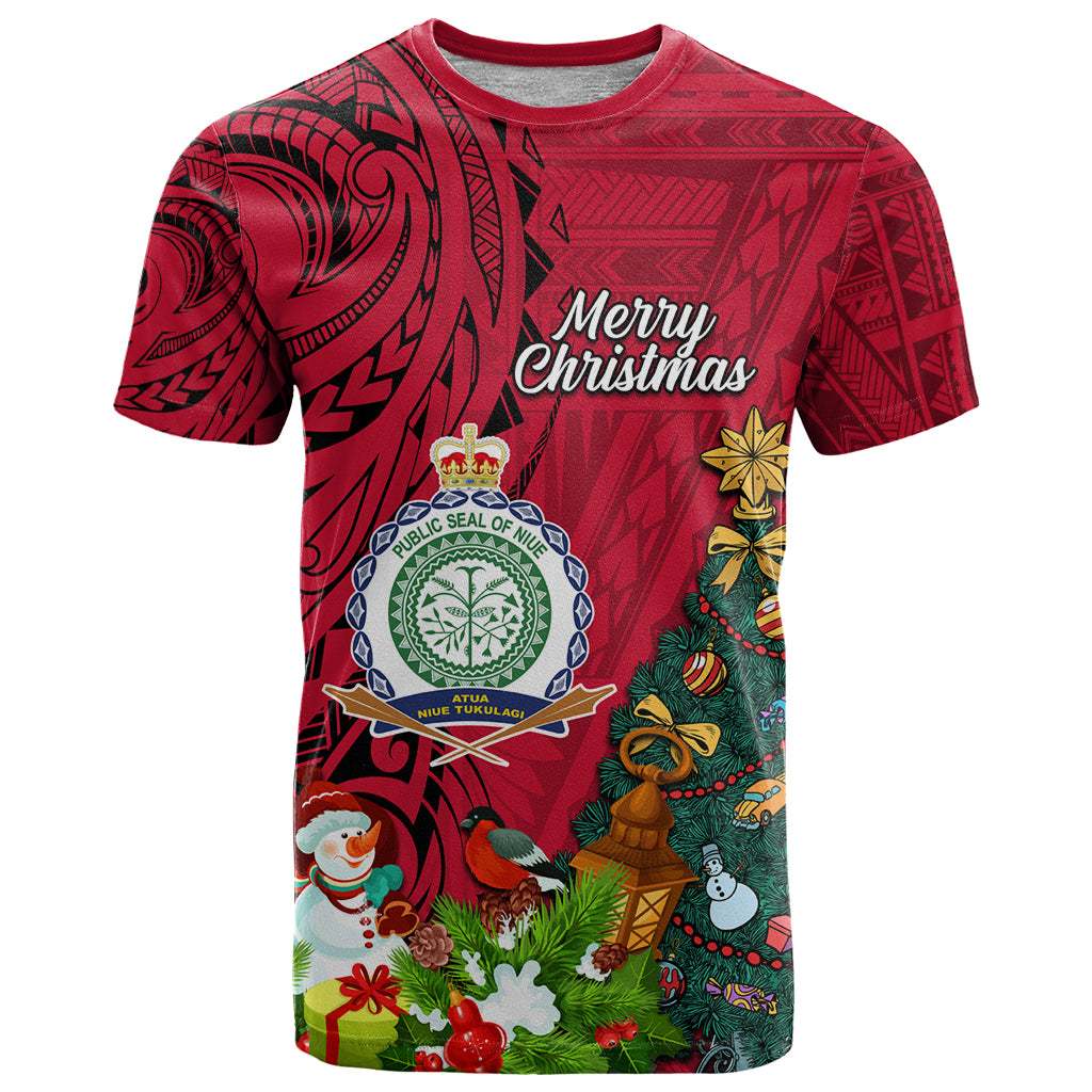 Niue Christmas T Shirt Coat of Arms and Polynesian Tattoo Xmas Element Christmas Red Vibe LT03 Red - Polynesian Pride