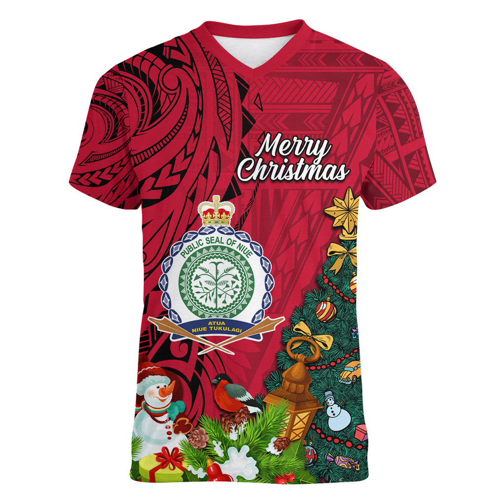 Personalised Niue Christmas Women V Neck T Shirt Coat of Arms and Polynesian Tattoo Xmas Element Christmas Red Vibe LT03 Female Red - Polynesian Pride