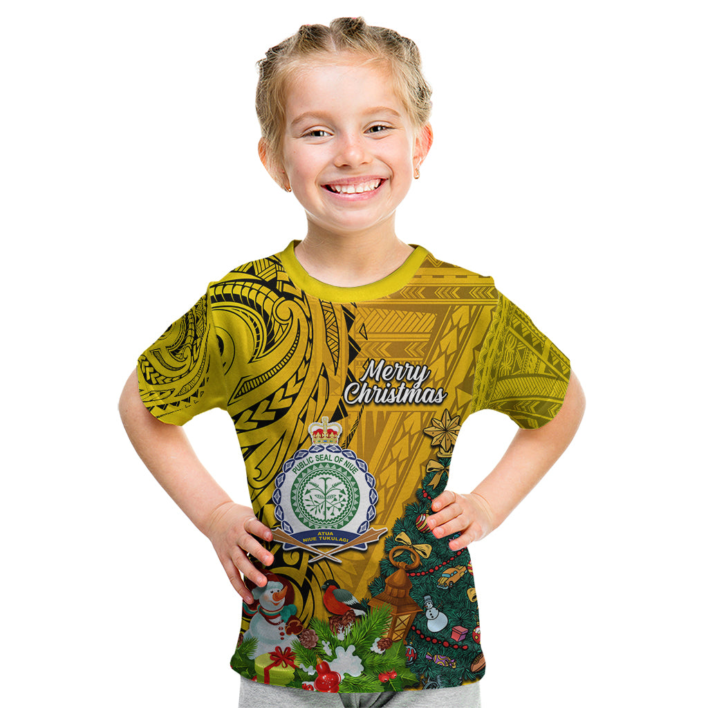 Niue Christmas Kid T Shirt Coat of Arms and Polynesian Tattoo Xmas Element Christmas Yellow Vibe LT03 Yellow - Polynesian Pride