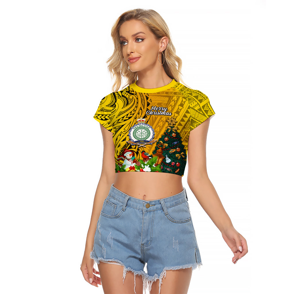 Niue Christmas Raglan Cropped T Shirt Coat of Arms and Polynesian Tattoo Xmas Element Christmas Yellow Vibe LT03 Female Yellow - Polynesian Pride