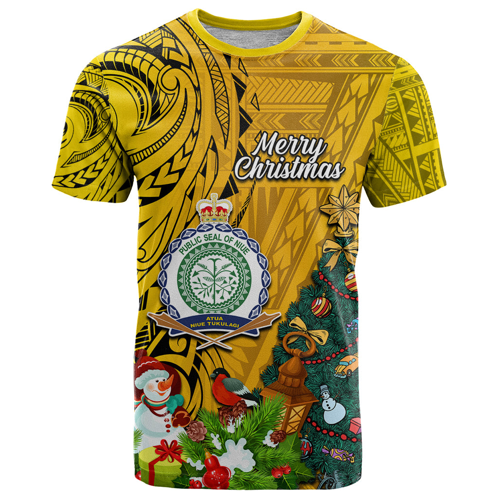 Niue Christmas T Shirt Coat of Arms and Polynesian Tattoo Xmas Element Christmas Yellow Vibe LT03 Yellow - Polynesian Pride