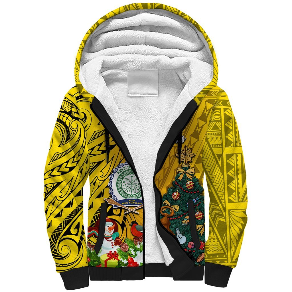 Personalised Niue Christmas Sherpa Hoodie Coat of Arms and Polynesian Tattoo Xmas Element Christmas Yellow Vibe LT03 Unisex Yellow - Polynesian Pride