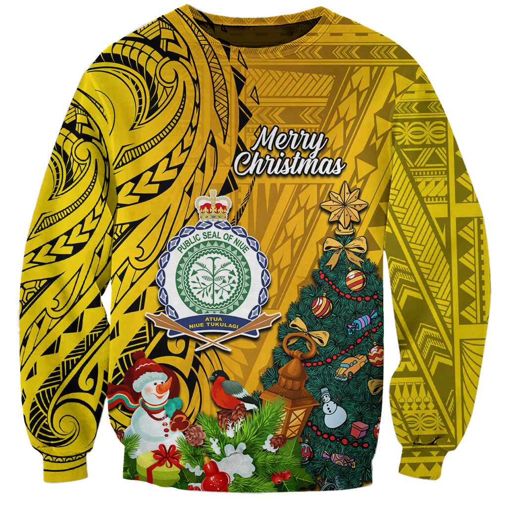 Personalised Niue Christmas Sweatshirt Coat of Arms and Polynesian Tattoo Xmas Element Christmas Yellow Vibe LT03 Unisex Yellow - Polynesian Pride