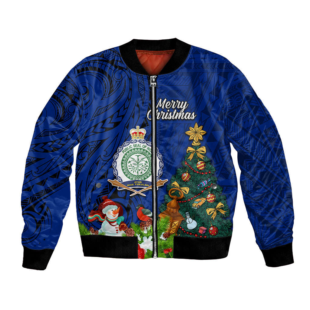 Niue Christmas Bomber Jacket Coat of Arms and Polynesian Tattoo Xmas Element Christmas Blue Vibe LT03 Unisex Blue - Polynesian Pride