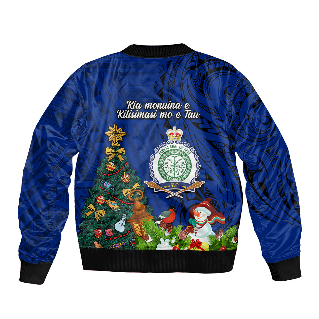 Niue Christmas Bomber Jacket Coat of Arms and Polynesian Tattoo Xmas Element Christmas Blue Vibe LT03 - Polynesian Pride