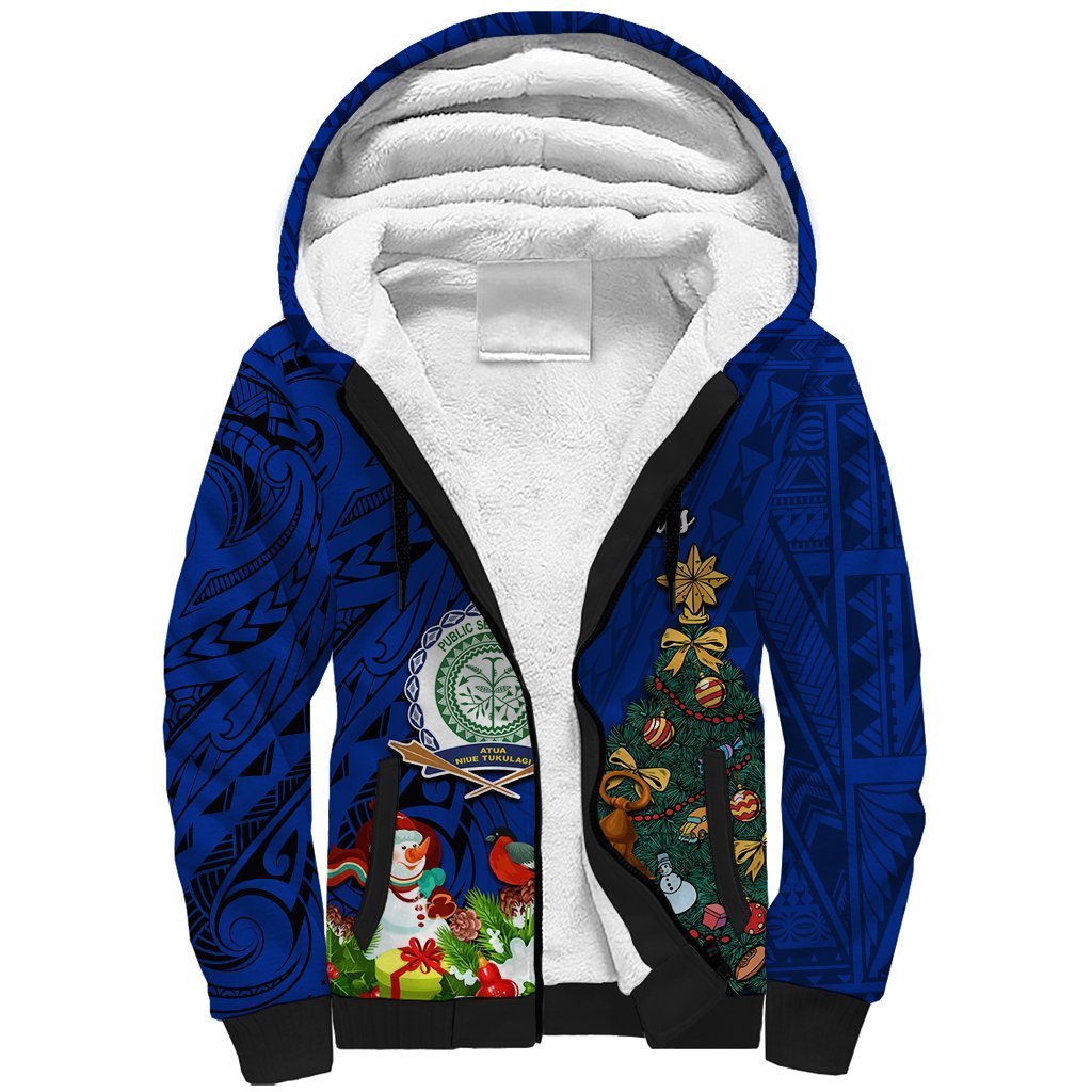 Niue Christmas Sherpa Hoodie Coat of Arms and Polynesian Tattoo Xmas Element Christmas Blue Vibe LT03 Unisex Blue - Polynesian Pride