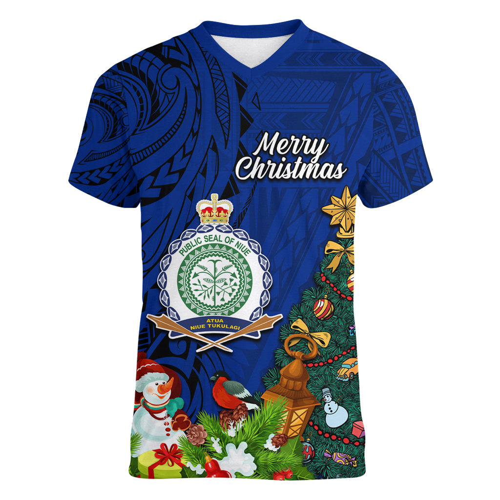 Niue Christmas Women V Neck T Shirt Coat of Arms and Polynesian Tattoo Xmas Element Christmas Blue Vibe LT03 Female Blue - Polynesian Pride