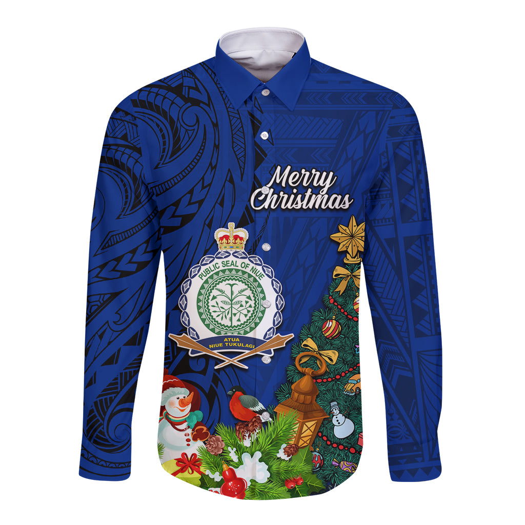Personalised Niue Christmas Long Sleeve Button Shirt Coat of Arms and Polynesian Tattoo Xmas Element Christmas Blue Vibe LT03 Unisex Blue - Polynesian Pride