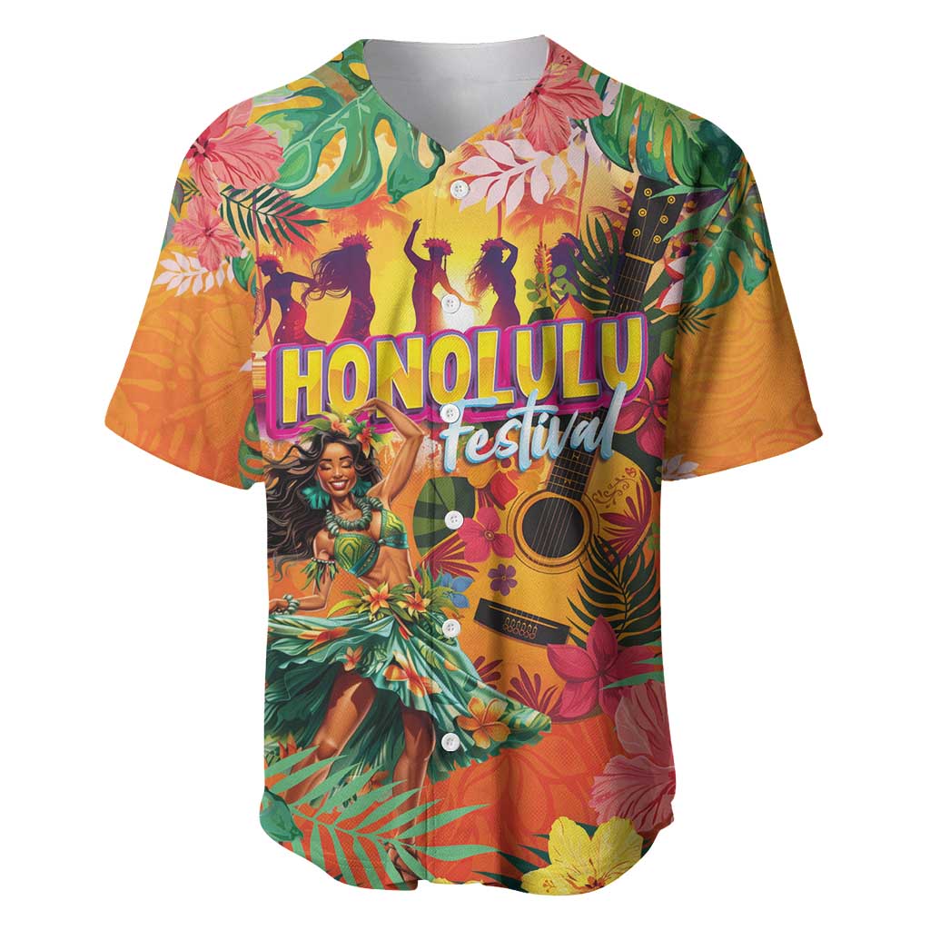 Hawaiian Honolulu Festival Baseball Jersey Hawaiian Identity - Hula Dancer and Ukulele Tropical Plants Style LT03 Orange - Polynesian Pride