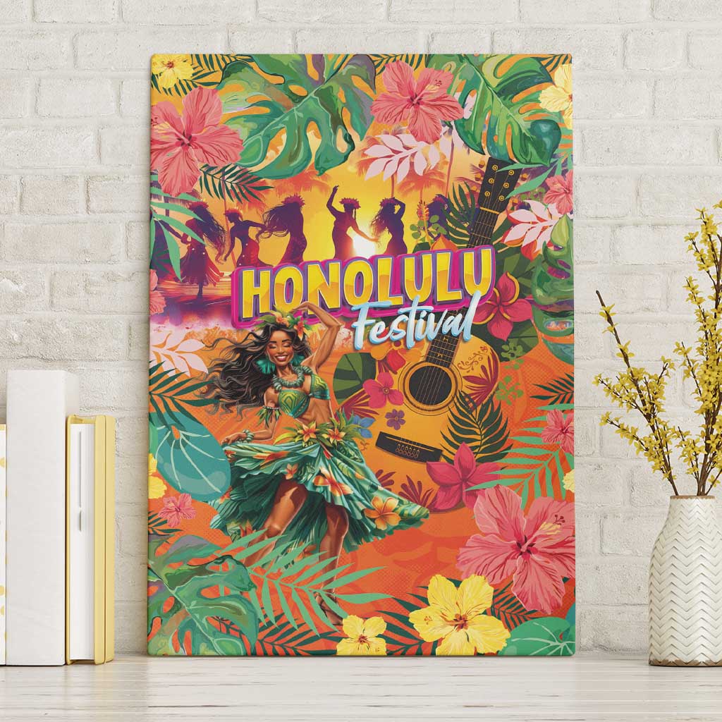 Hawaiian Honolulu Festival Canvas Wall Art Hawaiian Identity - Hula Dancer and Ukulele Tropical Plants Style