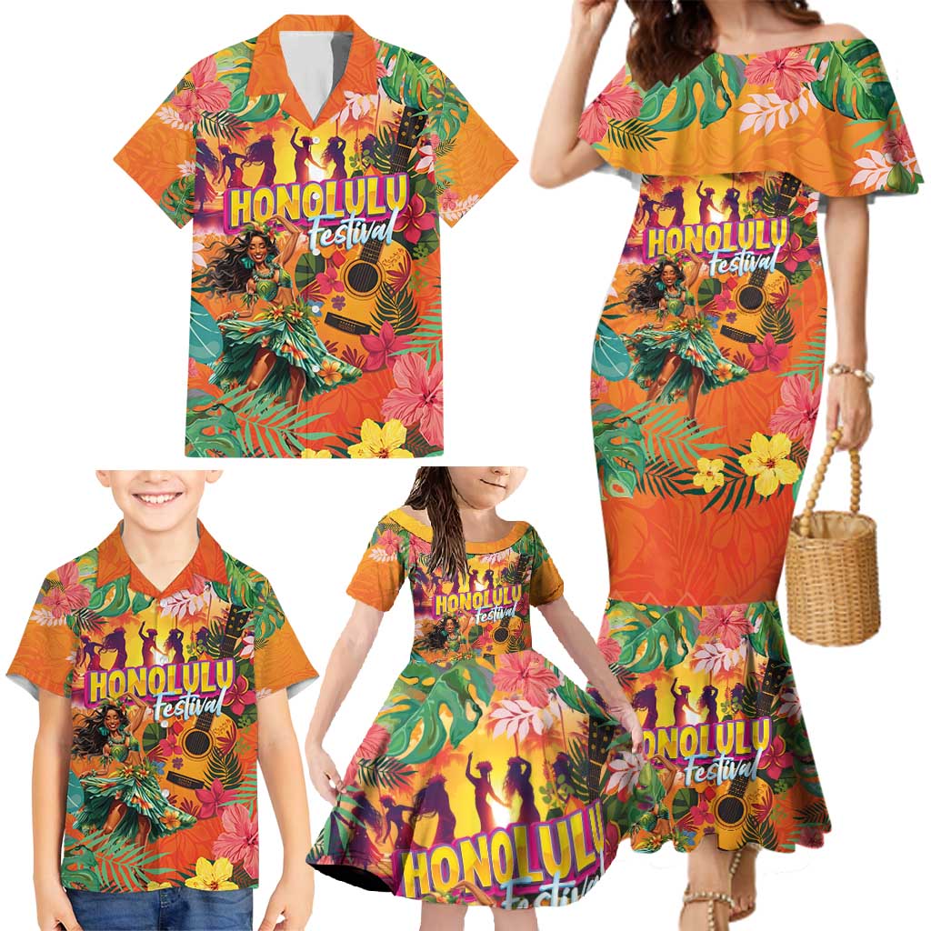 Hawaiian Honolulu Festival Family Matching Mermaid Dress and Hawaiian Shirt Hawaiian Identity - Hula Dancer and Ukulele Tropical Plants Style