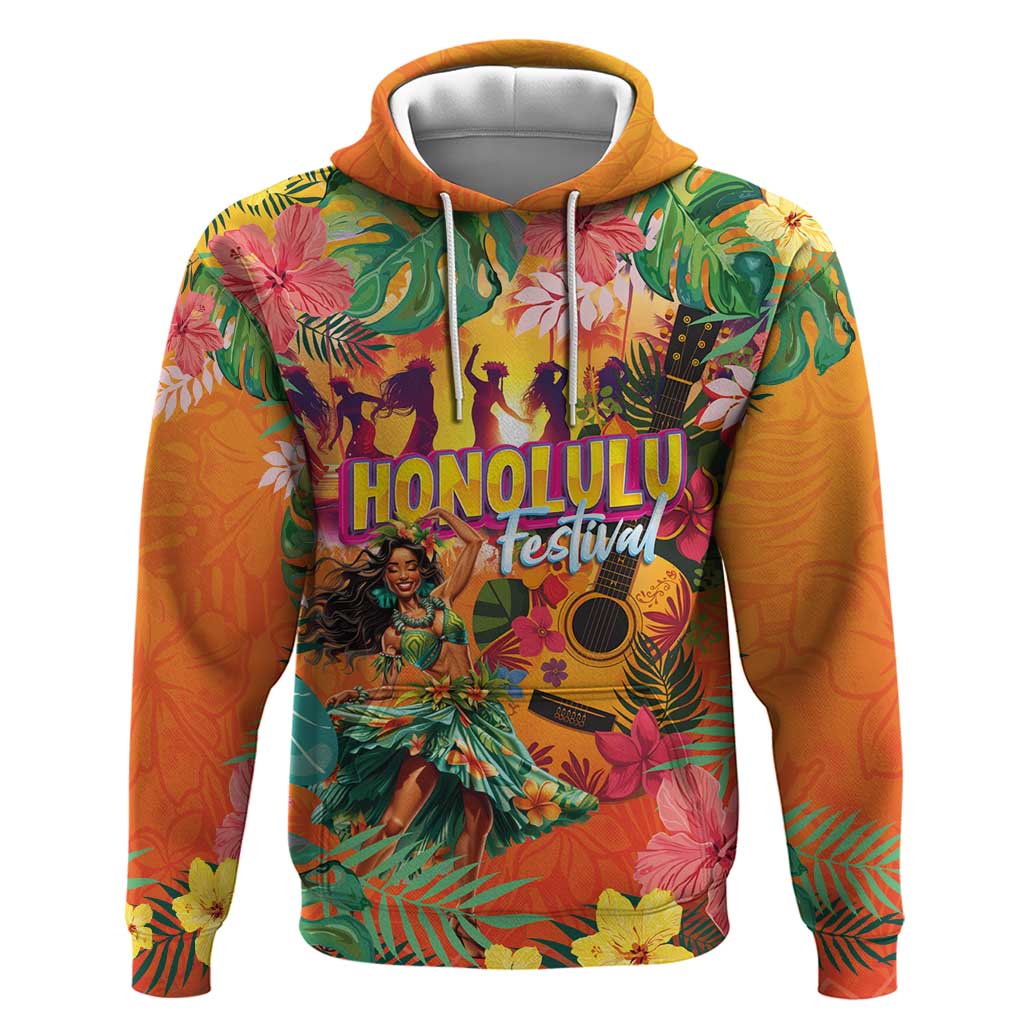 Hawaiian Honolulu Festival Hoodie Hawaiian Identity - Hula Dancer and Ukulele Tropical Plants Style