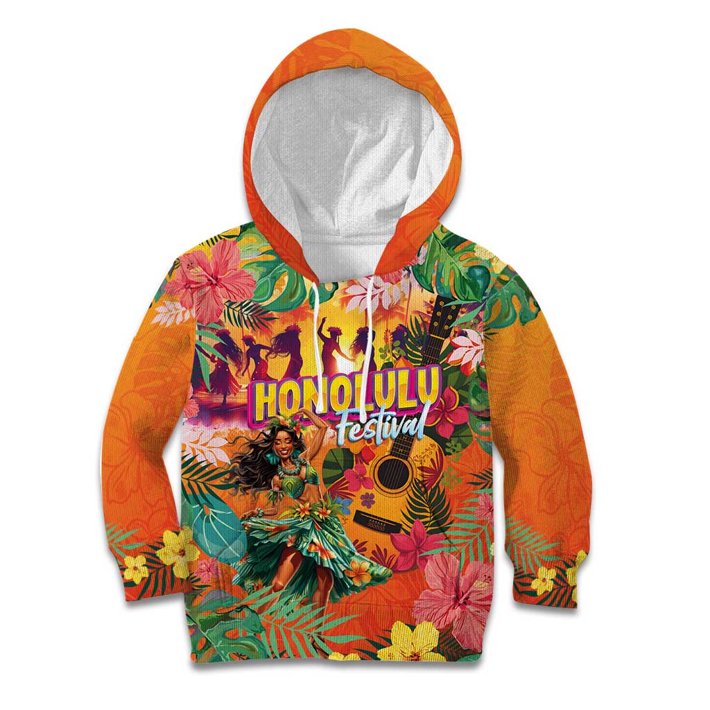 Hawaiian Honolulu Festival Kid Hoodie Hawaiian Identity - Hula Dancer and Ukulele Tropical Plants Style LT03 Hoodie Orange - Polynesian Pride