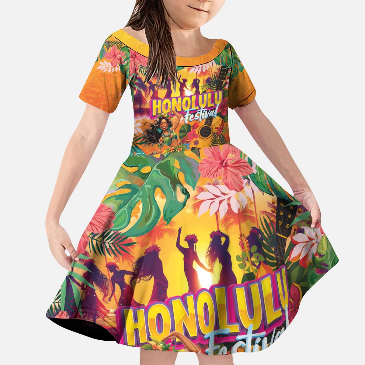 Hawaiian Honolulu Festival Kid Short Sleeve Dress Hawaiian Identity - Hula Dancer and Ukulele Tropical Plants Style LT03 KID Orange - Polynesian Pride