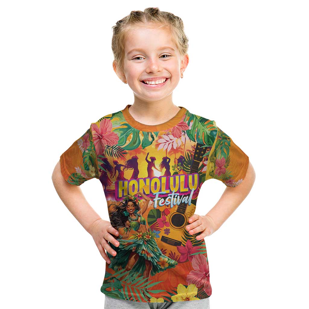 Hawaiian Honolulu Festival Kid T Shirt Hawaiian Identity - Hula Dancer and Ukulele Tropical Plants Style LT03 Orange - Polynesian Pride
