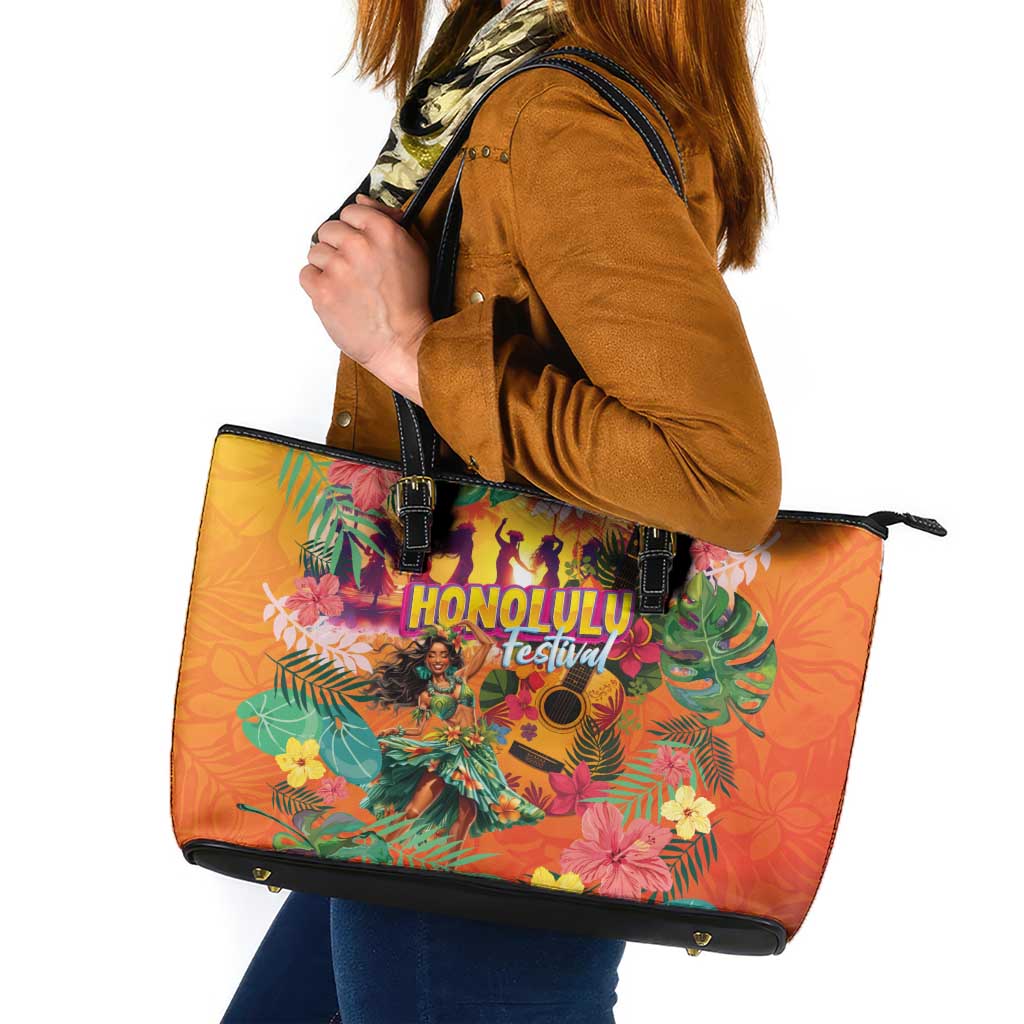 Hawaiian Honolulu Festival Leather Tote Bag Hawaiian Identity - Hula Dancer and Ukulele Tropical Plants Style LT03 Orange - Polynesian Pride