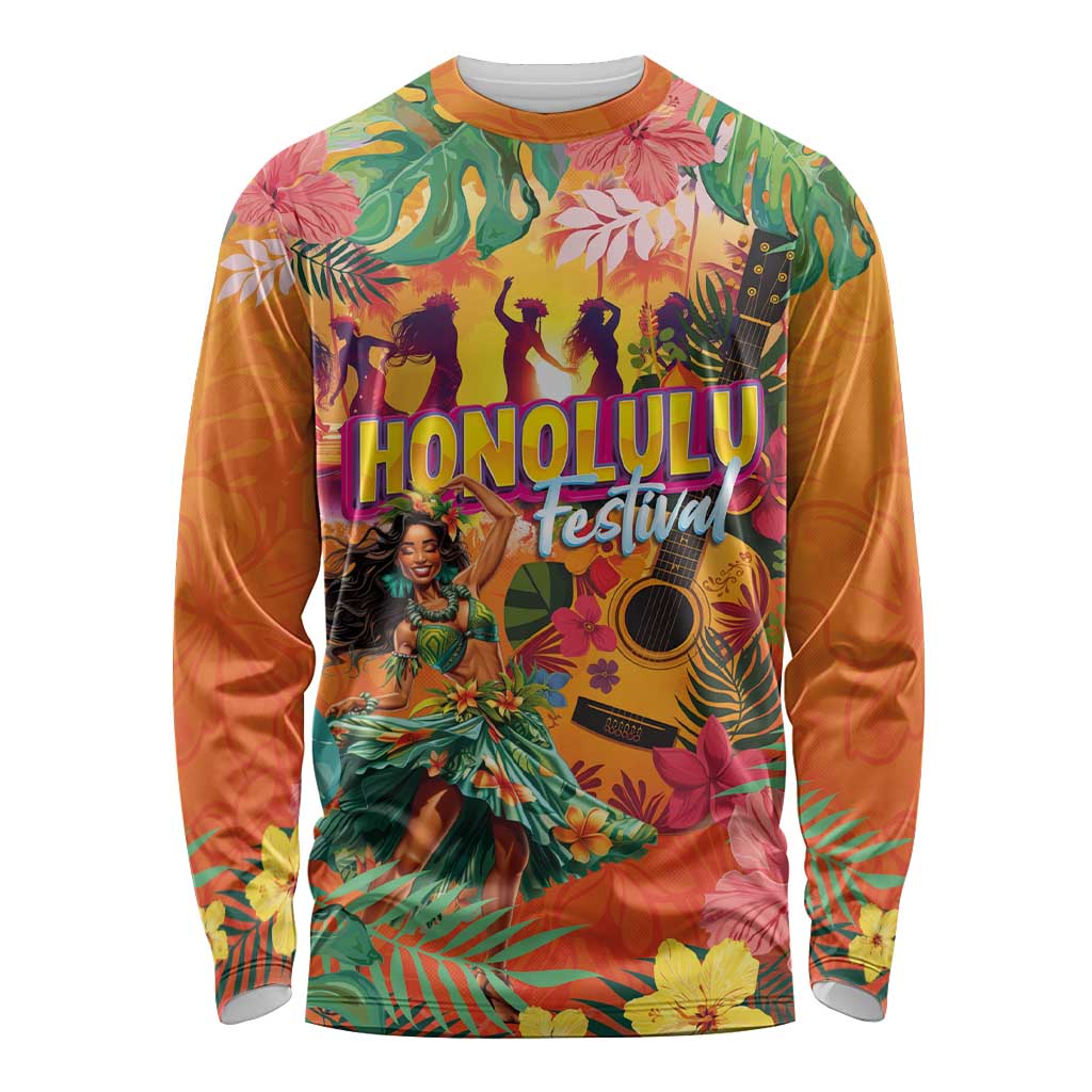 Hawaiian Honolulu Festival Long Sleeve Shirt Hawaiian Identity - Hula Dancer and Ukulele Tropical Plants Style LT03 Unisex Orange - Polynesian Pride