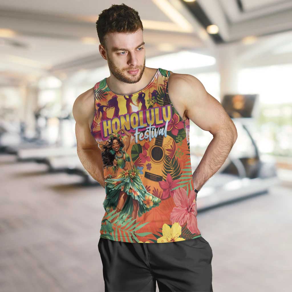 Hawaiian Honolulu Festival Men Tank Top Hawaiian Identity - Hula Dancer and Ukulele Tropical Plants Style LT03 Orange - Polynesian Pride