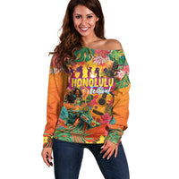 Hawaiian Honolulu Festival Off Shoulder Sweater Hawaiian Identity - Hula Dancer and Ukulele Tropical Plants Style LT03 Women Orange - Polynesian Pride