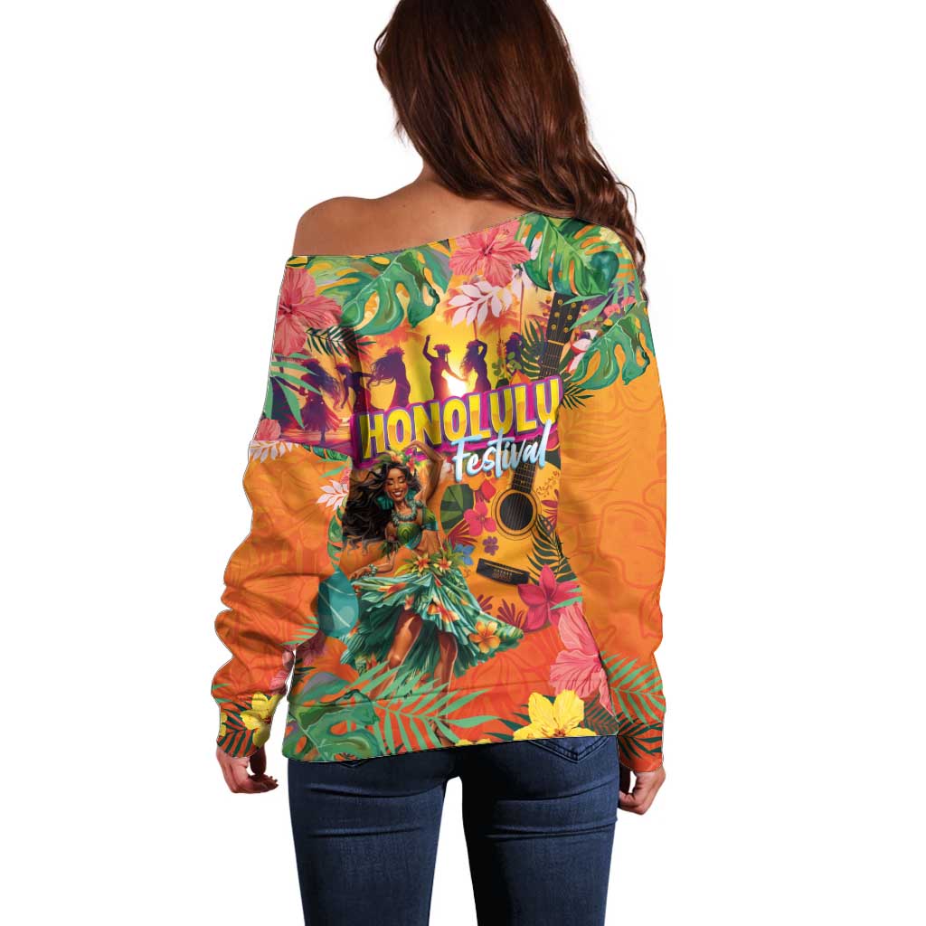 Hawaiian Honolulu Festival Off Shoulder Sweater Hawaiian Identity - Hula Dancer and Ukulele Tropical Plants Style LT03 - Polynesian Pride