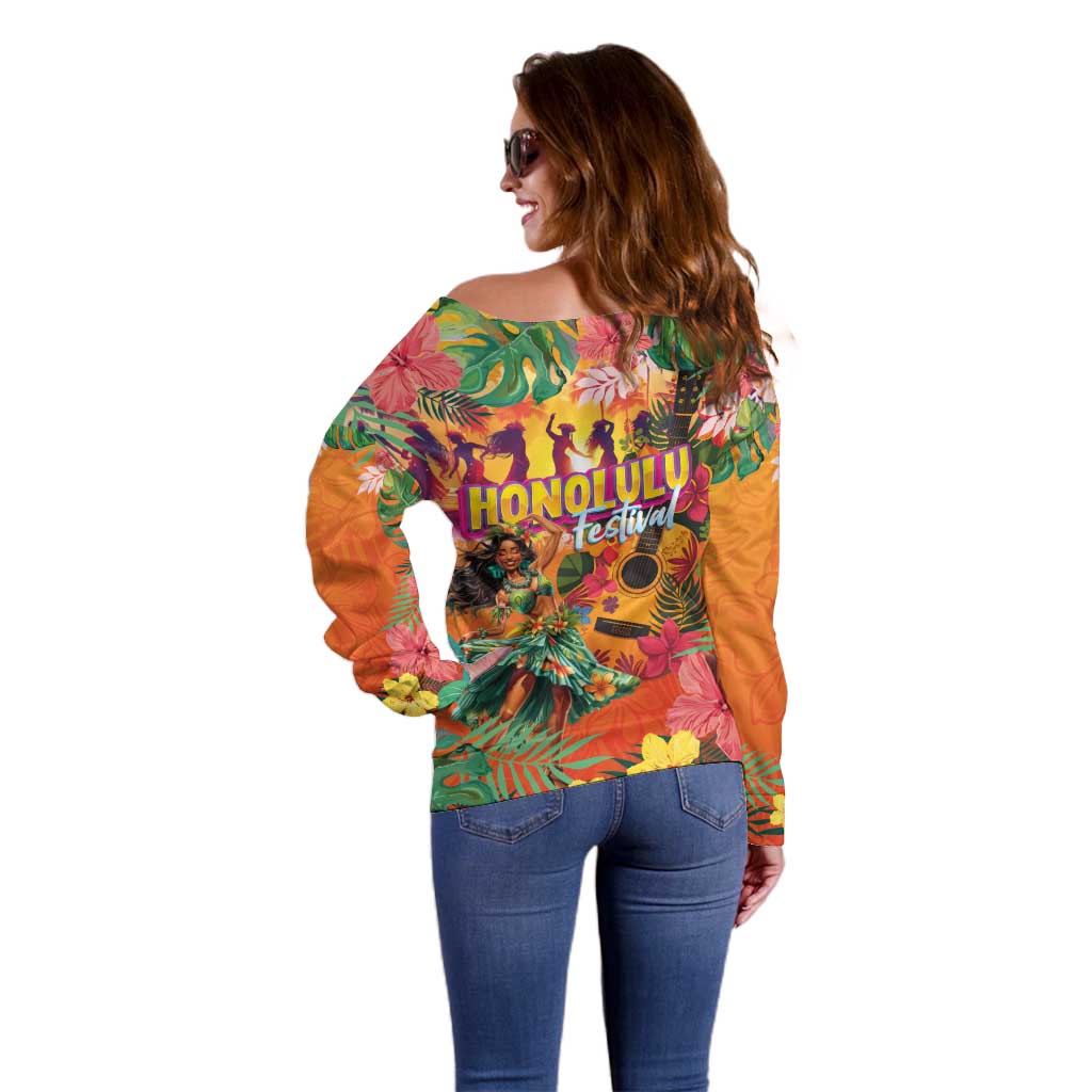 Hawaiian Honolulu Festival Off Shoulder Sweater Hawaiian Identity - Hula Dancer and Ukulele Tropical Plants Style LT03 - Polynesian Pride