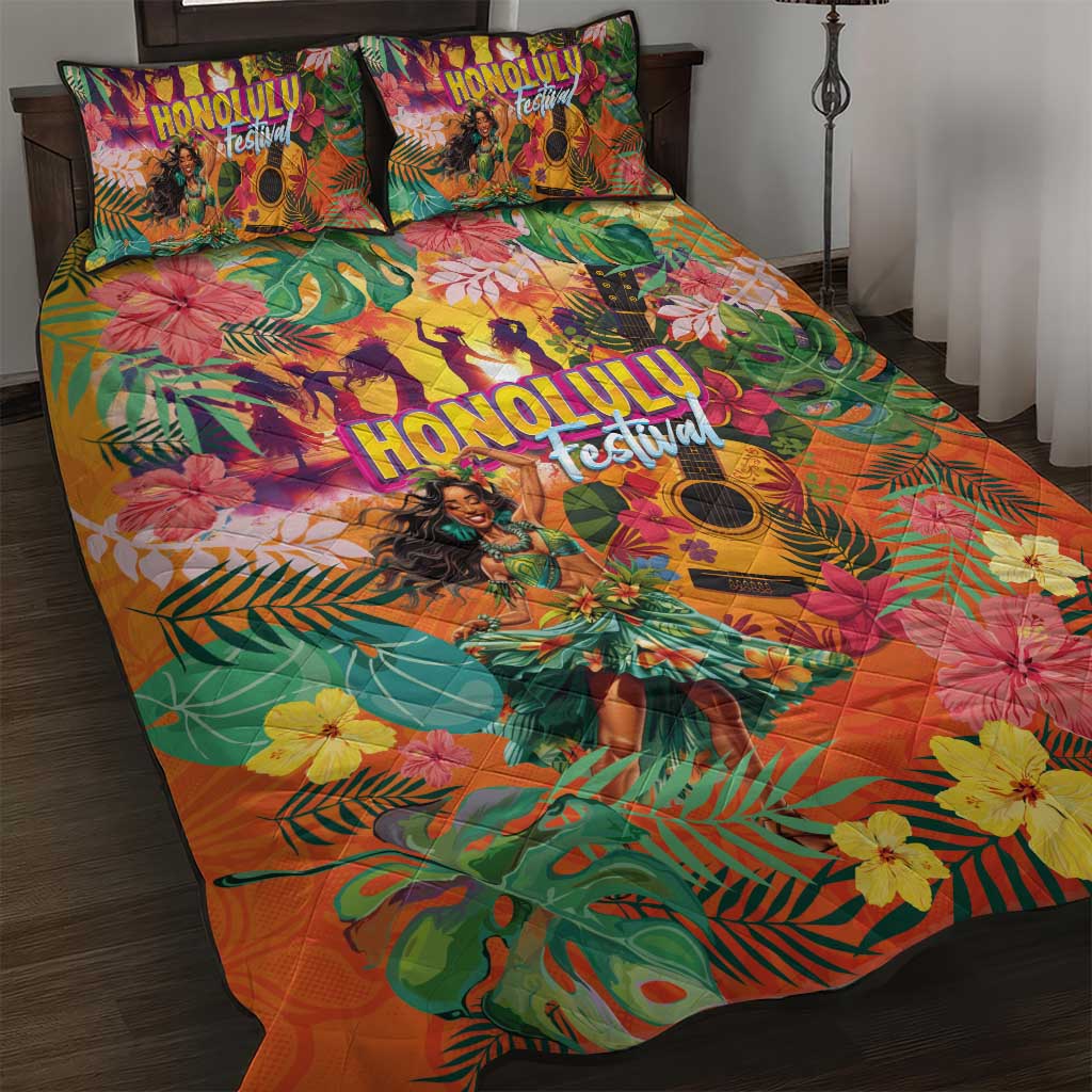 Hawaiian Honolulu Festival Quilt Bed Set Hawaiian Identity - Hula Dancer and Ukulele Tropical Plants Style LT03 Orange - Polynesian Pride
