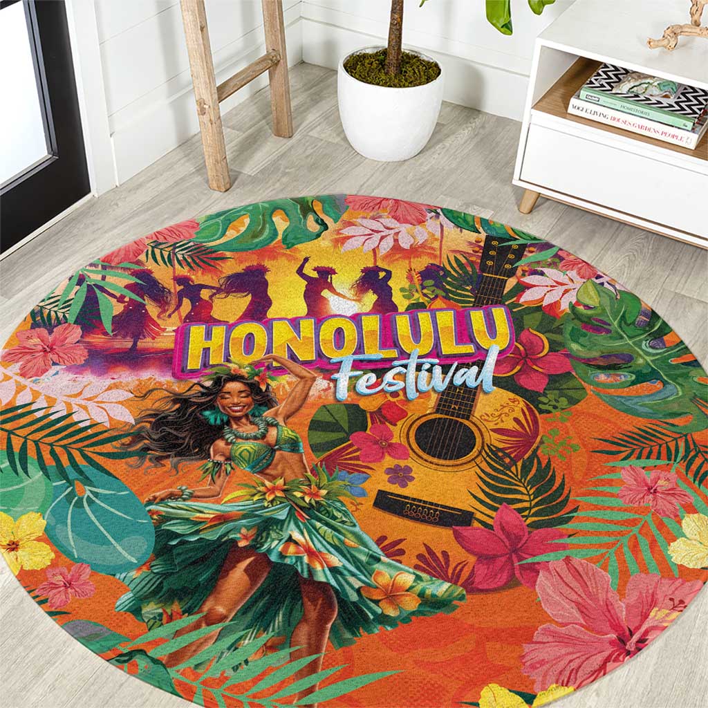 Hawaiian Honolulu Festival Round Carpet Hawaiian Identity - Hula Dancer and Ukulele Tropical Plants Style LT03 Orange - Polynesian Pride
