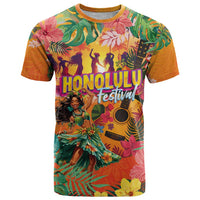 Hawaiian Honolulu Festival T Shirt Hawaiian Identity - Hula Dancer and Ukulele Tropical Plants Style LT03 Orange - Polynesian Pride